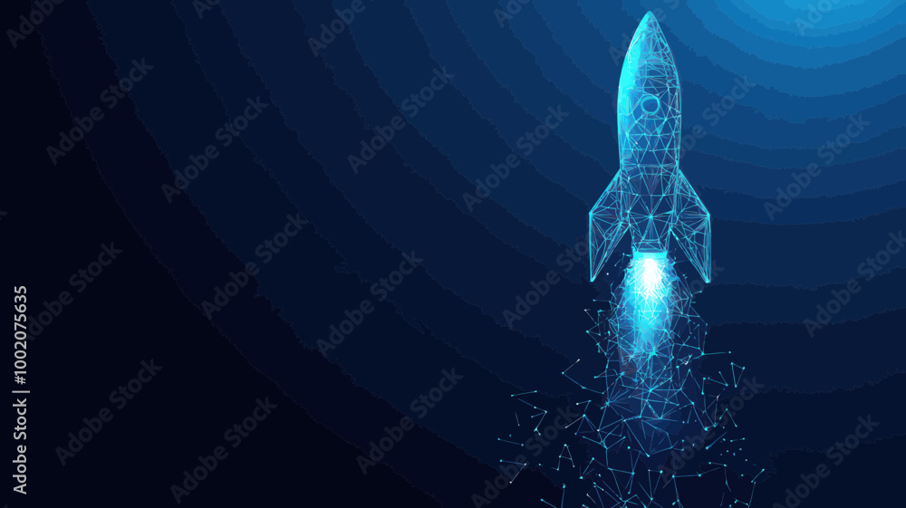 Aufkleber digital wireframe rocket launch into space on technological background, low poly vector illustration