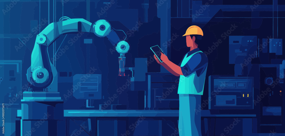 Poster abstract polygonal engineer controlling robotic arm in smart technology manufacturing, automation pr