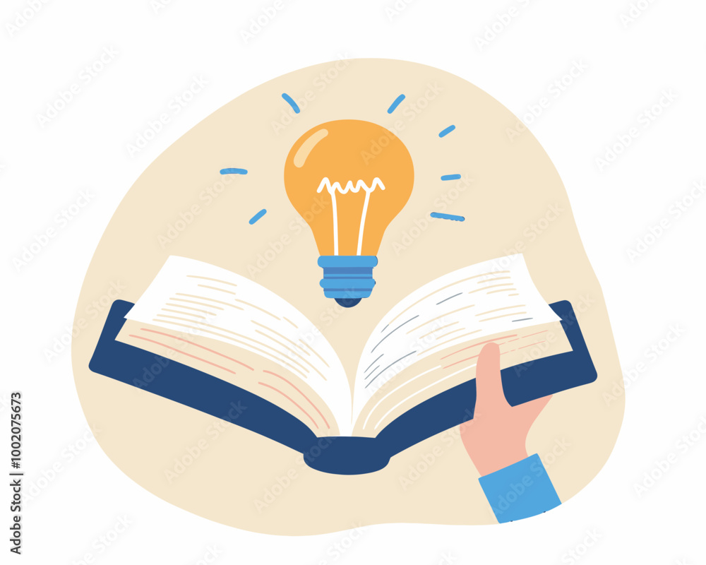 Poster creative learning and knowledge discovery: hand holding open book with lightbulb idea in flat minima