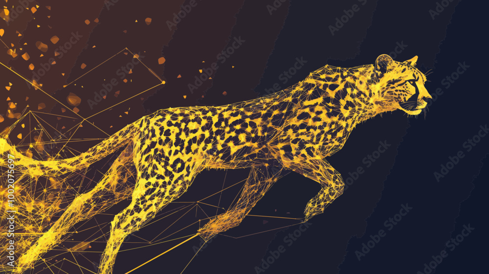 Poster abstract geometric cheetah in motion with low poly polygonal design, light connection structure, dig