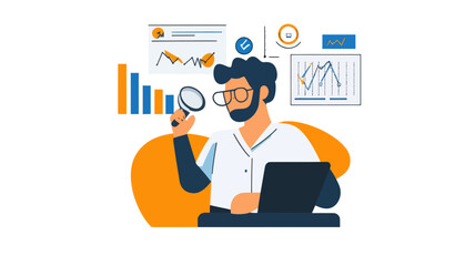SEO Optimization Analysis Concept - Cartoon Businessman Analyzing Data with Laptop, Charts, and Graphs for Digital Marketing Improvement