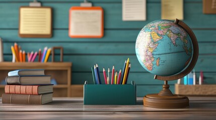 Soft light brightens a modern podium with school supplies, making the classroom inviting