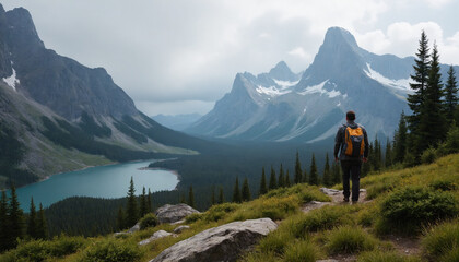 Fototapeta premium Hiker enjoying breathtaking mountain view near a lake on a cloudy day