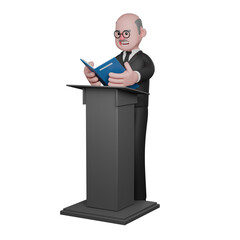 Male Judicial Professional in 3D. A male judge is seen standing behind the podium while reading from a book which he is holding in both hands. Judge Cartoon