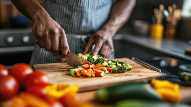 Black man cook, hands and knife in focus, healthy food prep in modern kitchen.