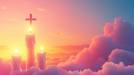 Naklejka premium A calm scene of glowing candles and a cross among soft clouds symbolizes eternal rest