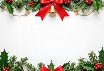 A border of holly leaves and red bows with a bell.