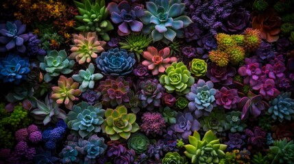 A captivating collection of succulent plants in lush greens, purples, and blues is beautifully arranged, showcasing symmetry and rich colors in a serene garden setting