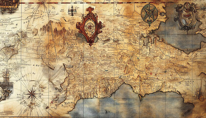 Naklejka premium Antique maps of old cities or unexplored territories, with faded colors and intricate details, giving a historic and adventurous vibe.