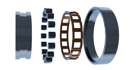 Close up of cylindrical bearing; Rotating machine elements; Brass cage and steel race bearing