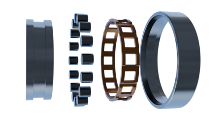 Close up of cylindrical bearing; Rotating machine elements; Brass cage and steel race bearing