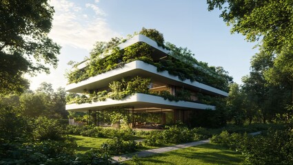 Naklejka premium An elegantly designed modern building enveloped in lush greenery showcases a harmonious blend of nature and architecture, inviting residents to dwell amidst serenity.