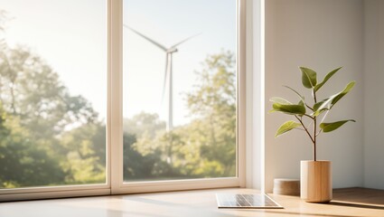 Basking in Natural Light: A Serene Workspace Scene with a Plant, Window, and Wind Turbines Beyond the Glass, Aesthetic and Inviting Atmosphere Enhancing Productivity and Calmness.