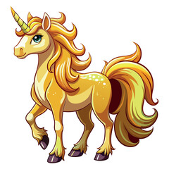 Cute cartoon golden unicorn with flowing mane and tail on white background