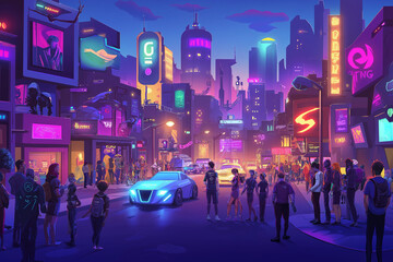 Diverse Characters Populate a Vibrant Cyberpunk Street Scene