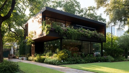 A Stunning Contemporary Home Surrounded by Lush Greenery, Showcasing a Harmonious Blend of Architecture and Nature in a Picturesque Outdoor Setting