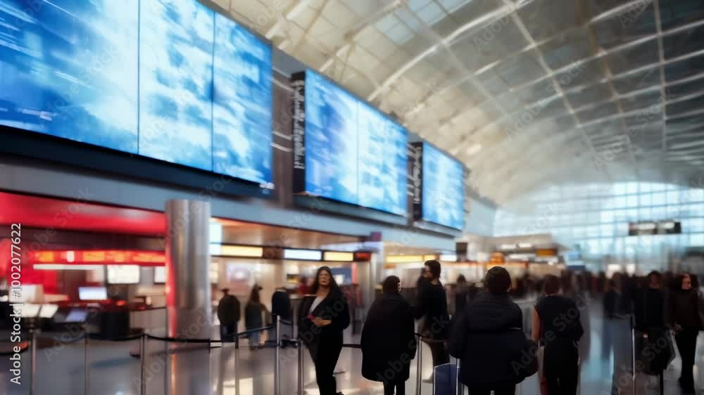 Poster Travelers walking through a busy airport terminal with motion blur effect, passing by flight information displays and airline counters