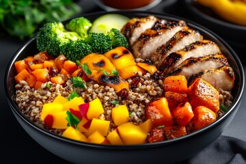 3D-rendered vibrant grain bowl, with fully modeled vegetables, grains, and protein elements, dynamically lit in a detailed digital scene