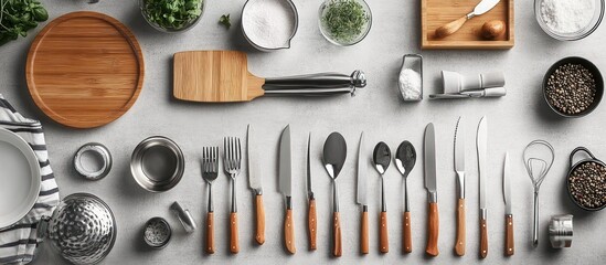 Flat lay of kitchen utensils, silverware, and ingredients on a grey surface.