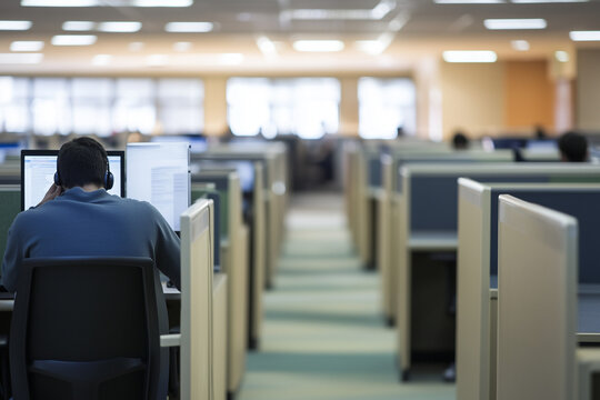 Rows of Call Center Cubicles with Agents on Phones Taking Calls
