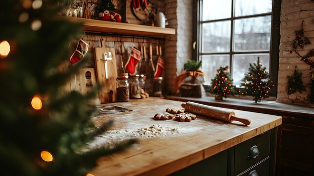 Cozy kitchen with homemade Christmas cookies in the making, rolling pin and flour scattered on the counter, evoking a festive and nostalgic holiday baking scene