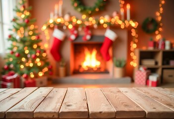A wooden table in front of a fireplace with a Christmas tree.