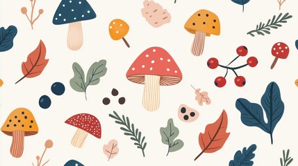Colorful drawing of various mushrooms and leaves