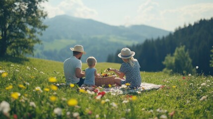 Fototapeta premium Family enjoying lunch together in nature during a picnic outing.