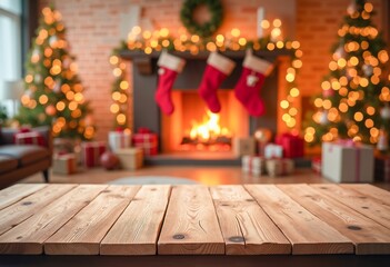 A wooden table in front of a fireplace with stockings hanging from it.