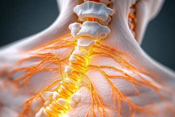 Fototapeta premium A close-up of spinal nerves branching from the thoracic spine, showing how these nerves control the chest and upper abdominal muscles