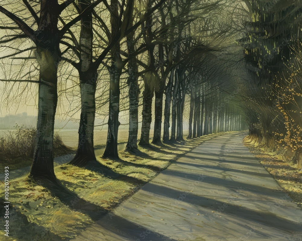 Aufkleber a serene pathway lined with tall trees, casting soft shadows on a sunlit road, creating a tranquil a