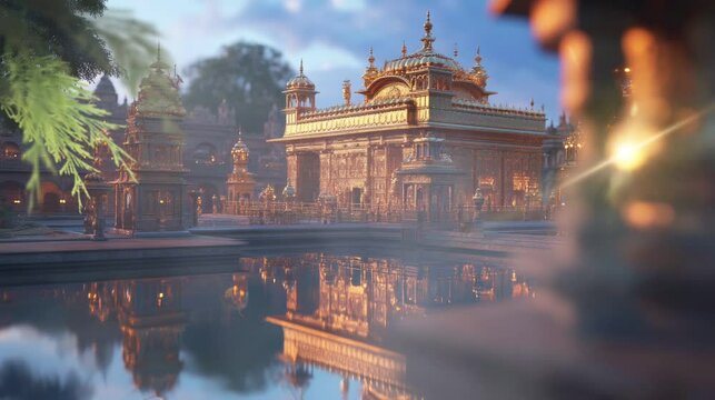 A golden temple complex, reflected in a calm pool of water, with buildings and trees surrounding it