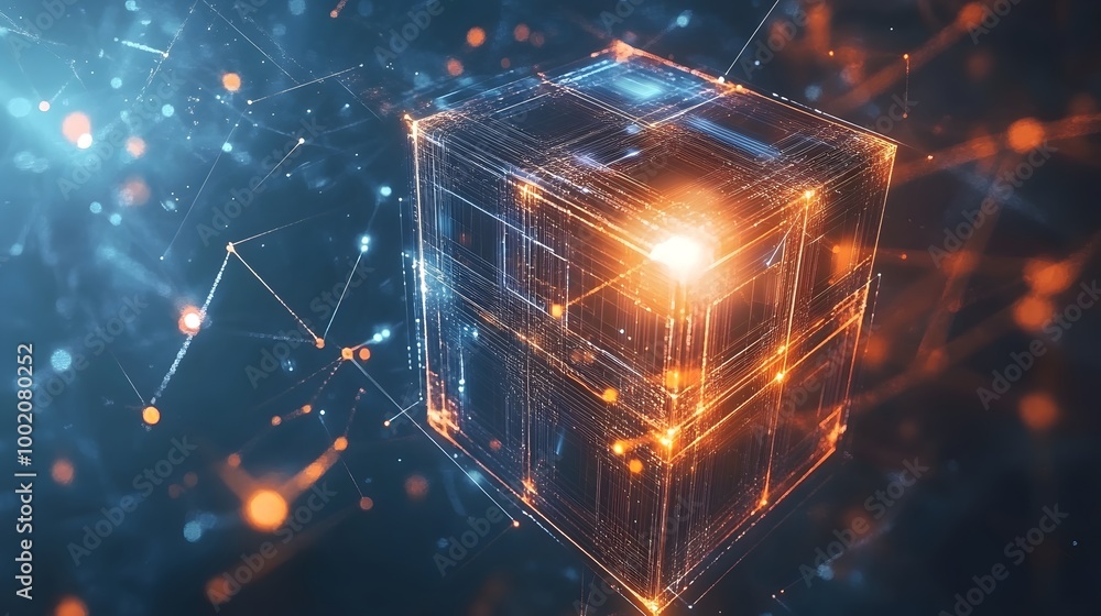 Poster a cube with a bright orange light shining on it. the cube is surrounded by a web of lines and dots, 