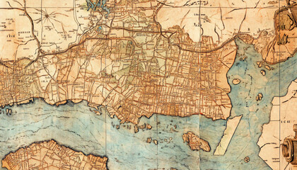 Fototapeta premium Antique maps of old cities or unexplored territories, with faded colors and intricate details, giving a historic and adventurous vibe.
