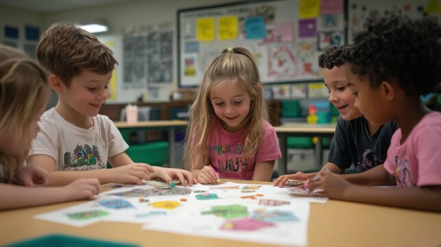 Inspired students working together on a creativity project, guided by their teacher in a lively classroom.