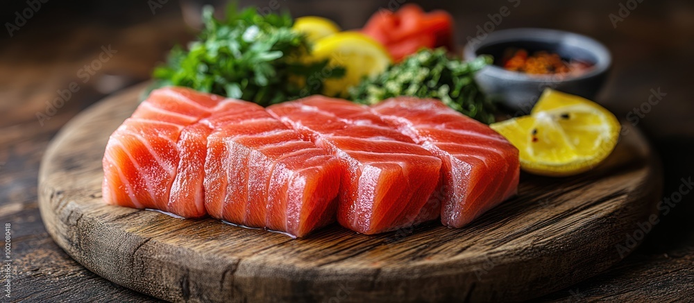 Poster Fresh raw salmon sashimi on a wooden board.