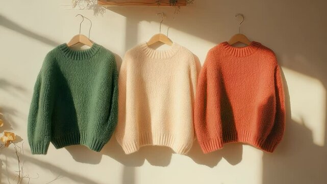 Three cozy sweaters in different colors hanging neatly on a wall.