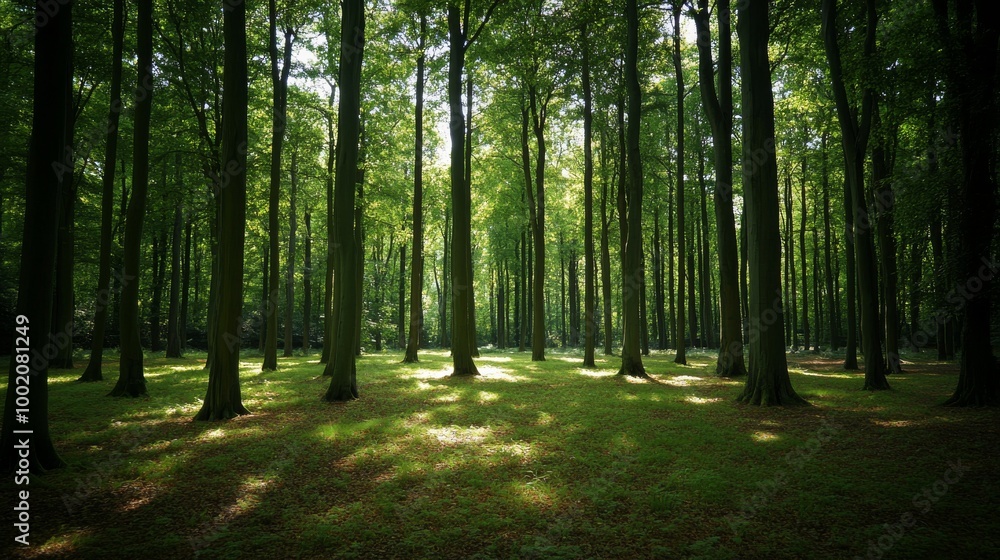 Poster this tranquil forest features towering green trees with sunlight filtering through the canopy, creat