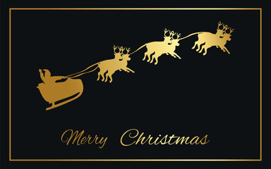 Golden silhouette of Santa on a sleigh with reindeer. Congratulatory text “Merry Christmas”. Vector on black background