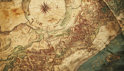 Fototapeta premium Antique maps of old cities or unexplored territories, with faded colors and intricate details, giving a historic and adventurous vibe.