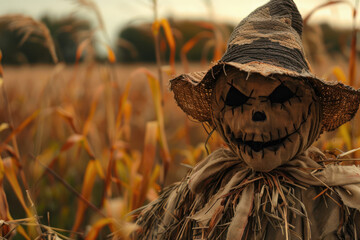 Obraz premium close up horizontal image of creepy scarecrow in an agricultural field