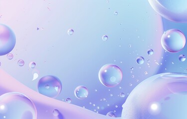 Soft pastel bubbles and pearls on a holographic, reflective background create a delicate atmosphere. Perfect for skincare product posters, invitations, or stylish cosmetic branding.
