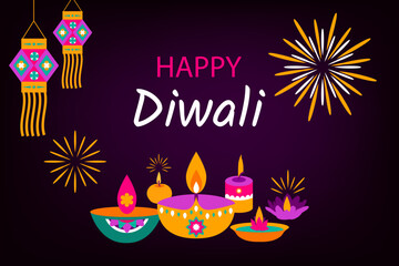 Traditional Indian festival of Diwali lights. Diwali festival  background, greeting card , social media,poster,web with lights, peacock, lanterns, candles and attributes.  Vector illustration