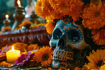 close up horizontal image of decorative mexican skull surrounded by flowers in the context of the day of the dead celebration