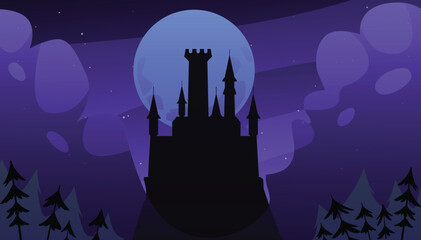 Black silhouette of medieval fairy tale castle on hill at night with full moonlight, vector cartoon fantasy game chateau © sabelskaya