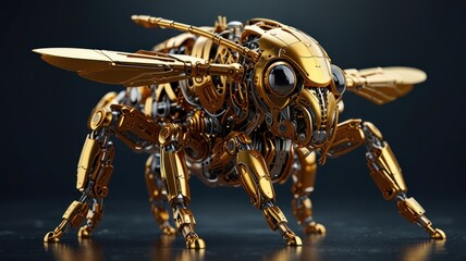 Fototapeta premium A golden robotic bee with intricate gears and a futuristic design stands on a black surface against a dark blue background.