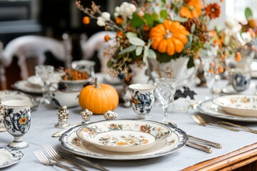 Fototapeta premium A beautifully set autumn table featuring elegant dishware, a small pumpkin centerpiece, and seasonal floral decor.