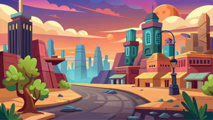 Obraz premium Urban architecture illustration of a vintage city skyline at night with business towers and street lights