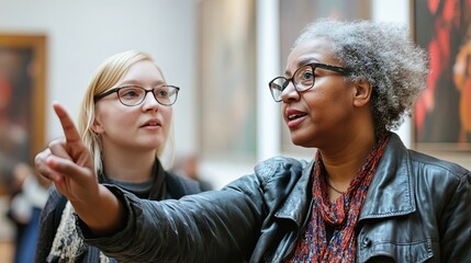 A woman points to a piece of art while explaining it to another woman.