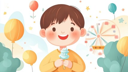 Happy Child Enjoying Ice Cream at Fun Fair